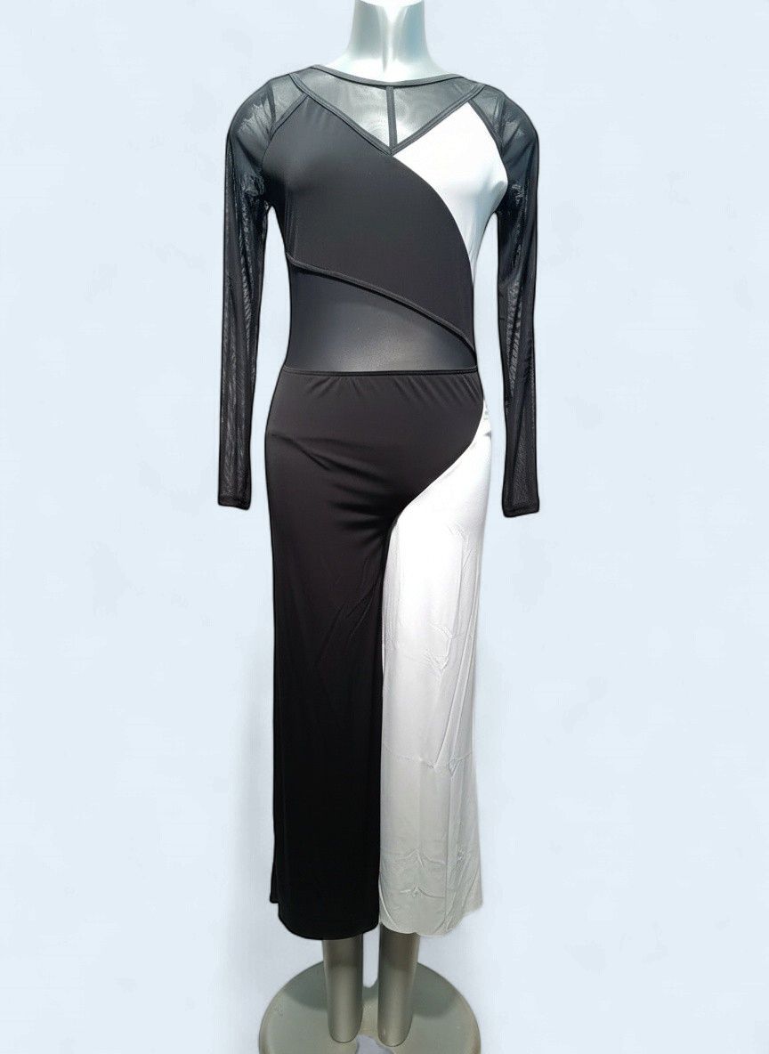 Black/White Pant Leg Unitard with Mesh Top