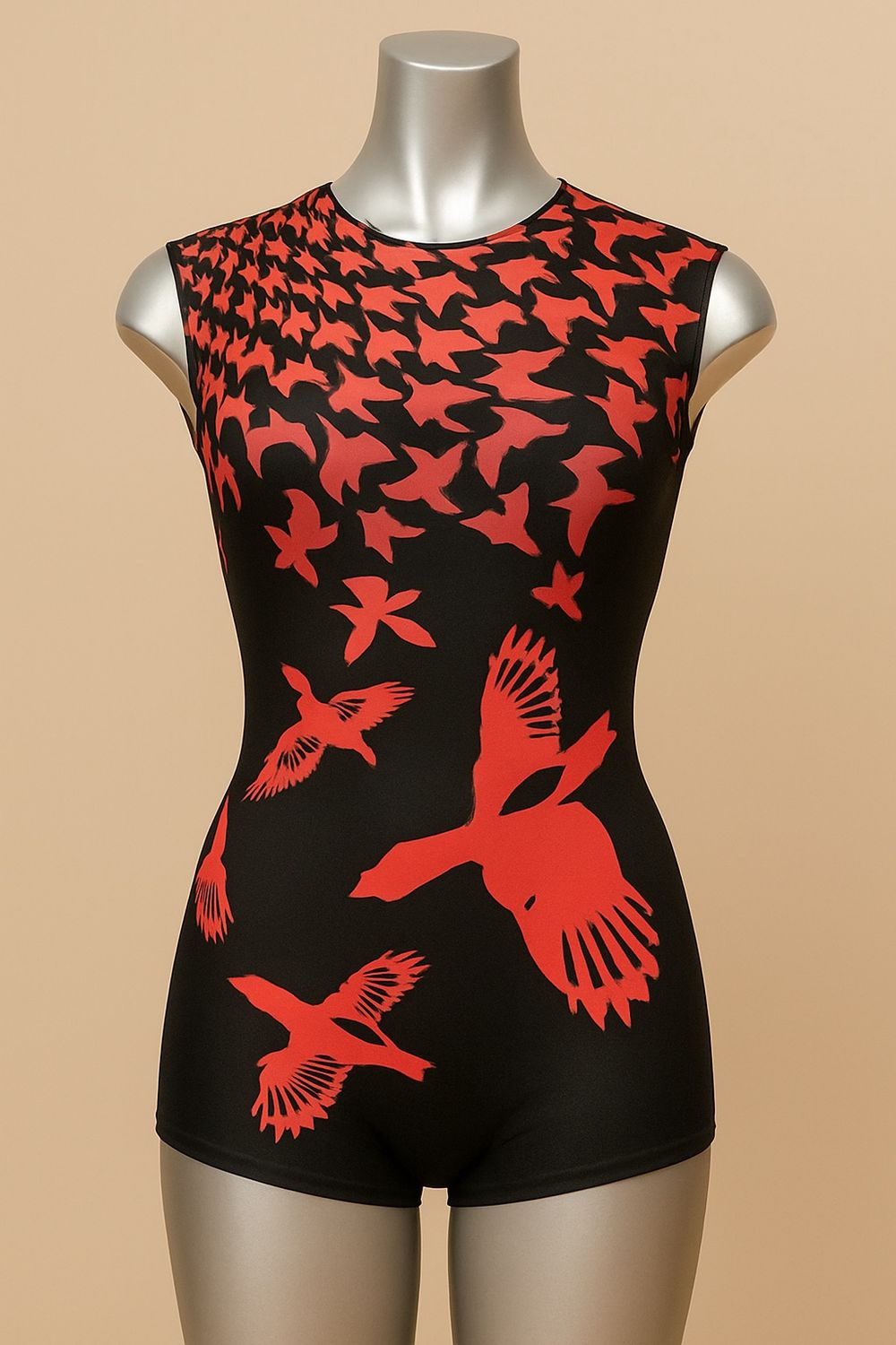 Biketard Black With Bold Red Birds
