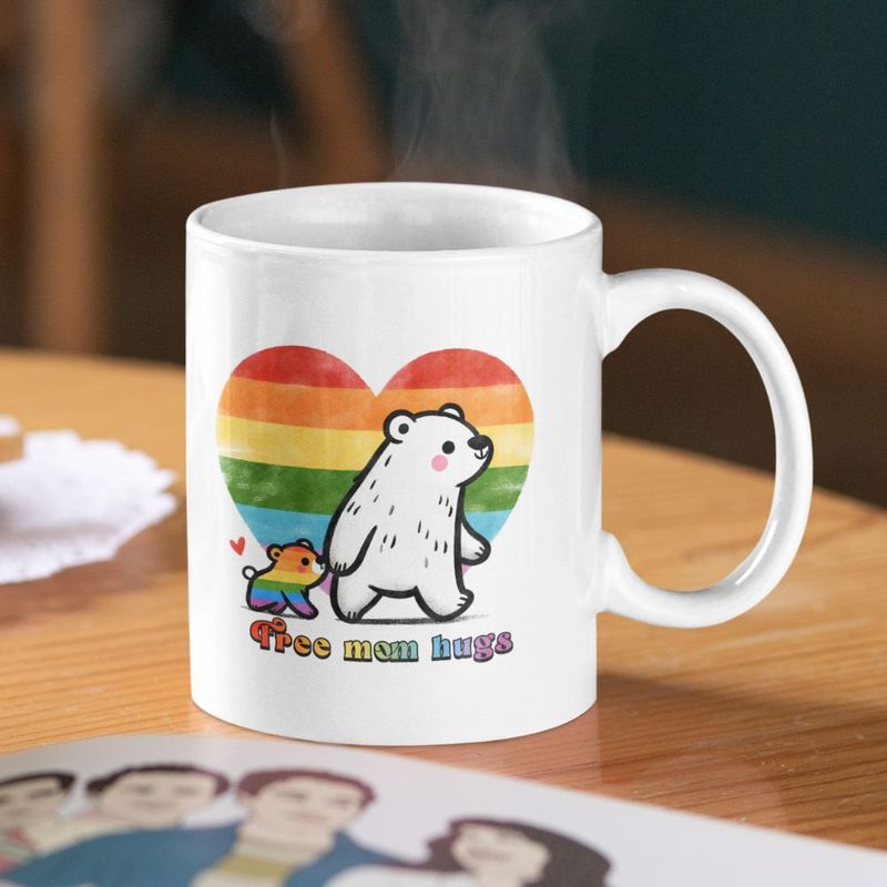 Free Mom Hugs Mug – Rainbow Bear LGBTQ+ Ally Gift