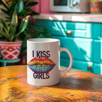 I Kiss Girls Mug – Rainbow Lips Lesbian Pride Coffee Cup