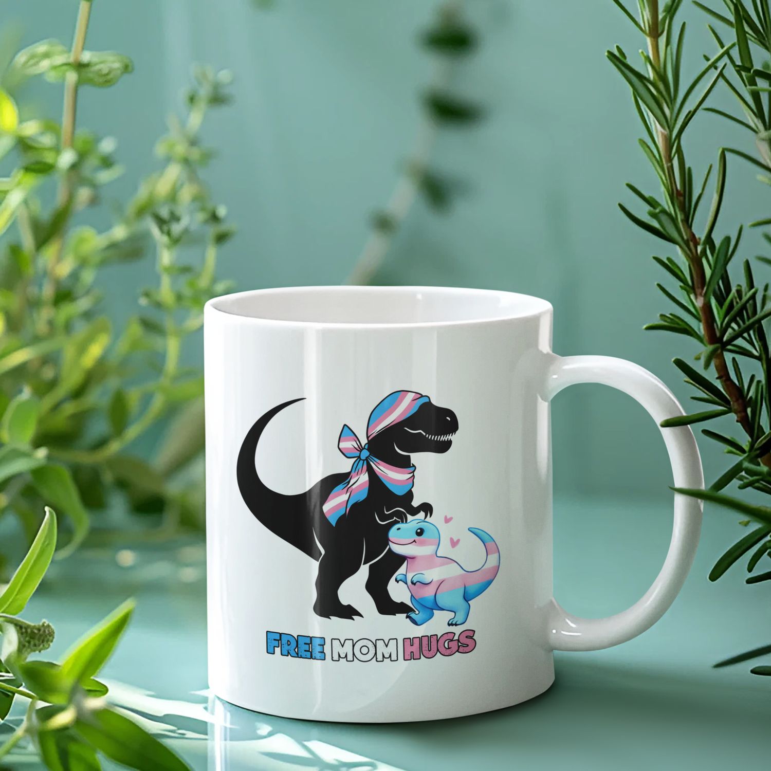 Free Mom Hugs Dinosaur Mug – Trans Pride T-Rex &amp; Baby Dino Cup