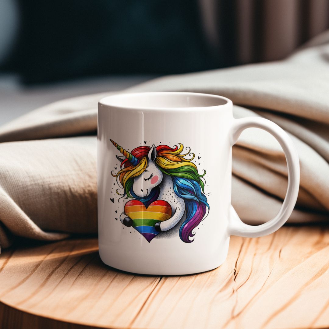 Rainbow Unicorn Mug – LGBTQ+ Pride Heart Cup