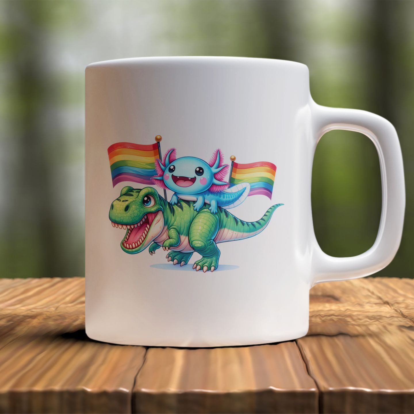 Axolotl &amp; Dino LGBTQ+ Pride Mug – Rainbow Flag Fun