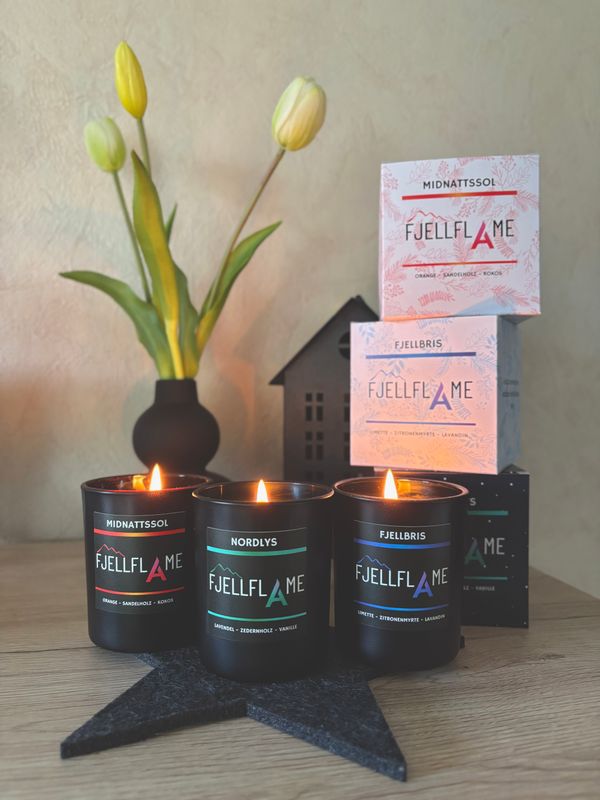 FJELLBRIS, MIDNATTSSOL & NORDLYS Duftkerzen Set - Handgemacht aus Sojawachs - Geschenkidee