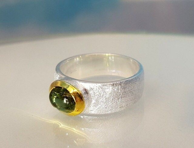 Ring green tourmaline 925 Sterling silver gold-plated