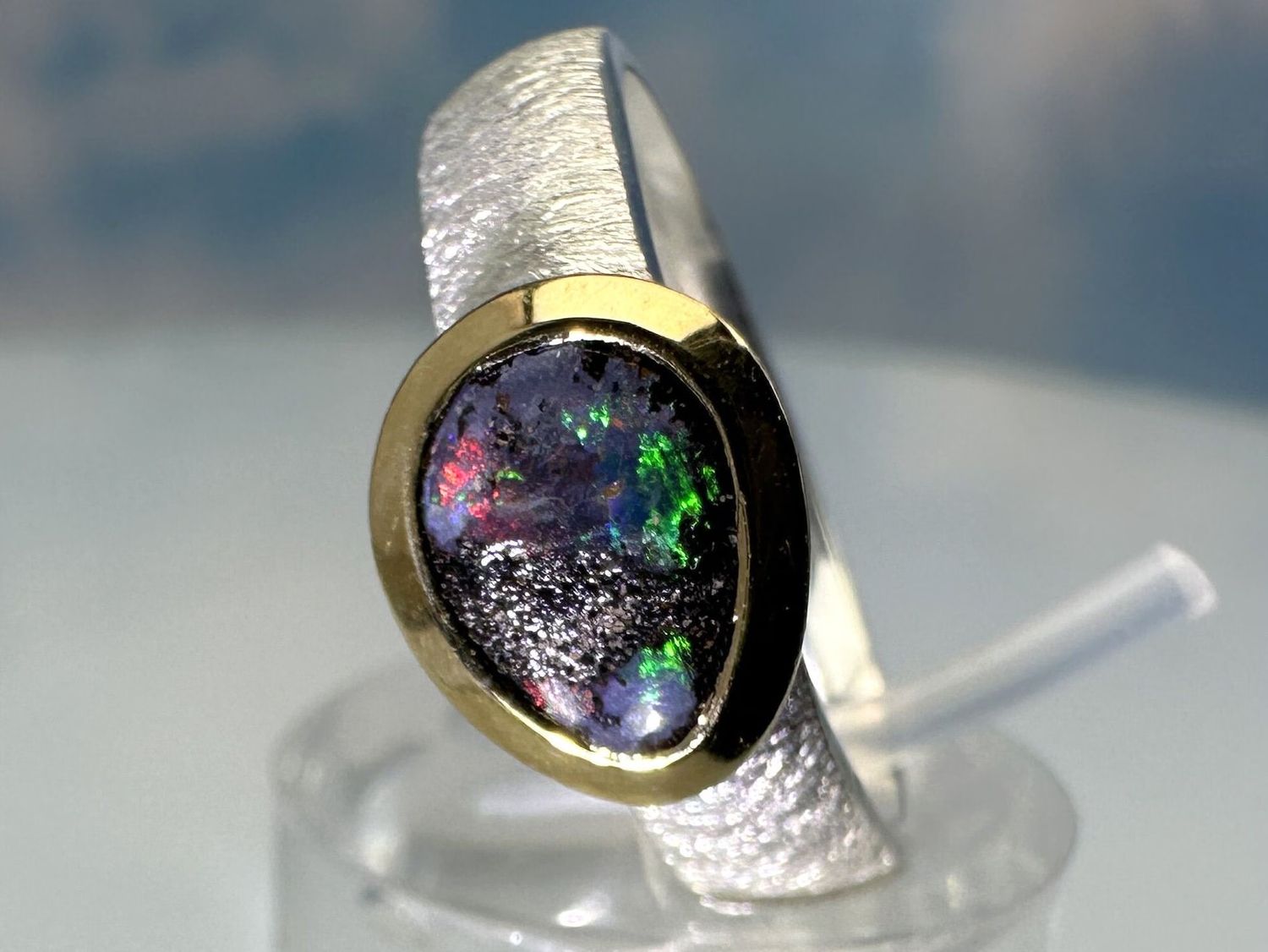 Ring Boulder opal sterling silver bicolour size 56