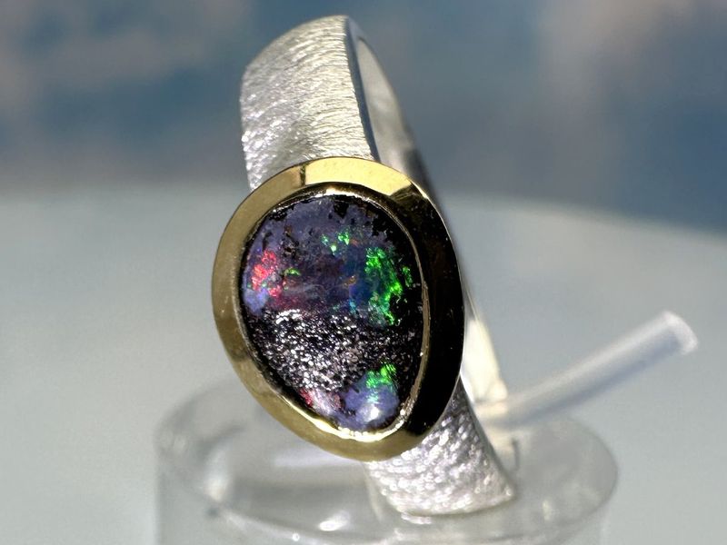 Ring Boulder opal sterling silver bicolour size 56