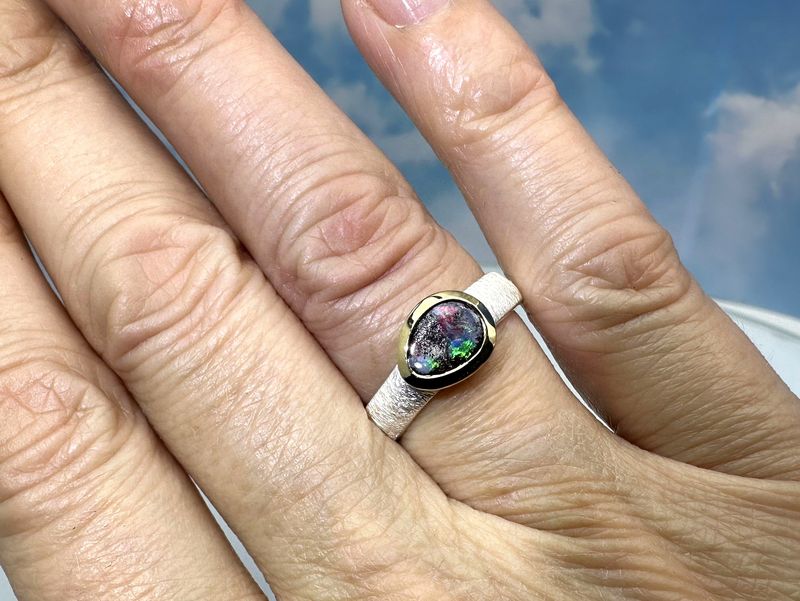 Ring Boulder opal sterling silver bicolour size 56