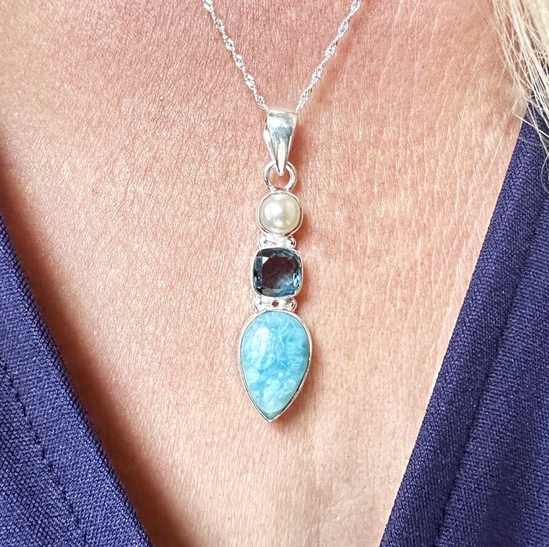 pendant genuine larimar pearl topaz 925 silver