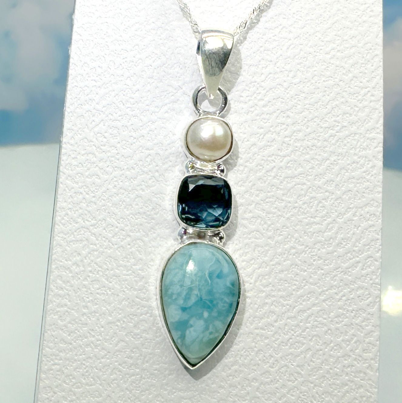 pendant genuine larimar pearl topaz 925 silver