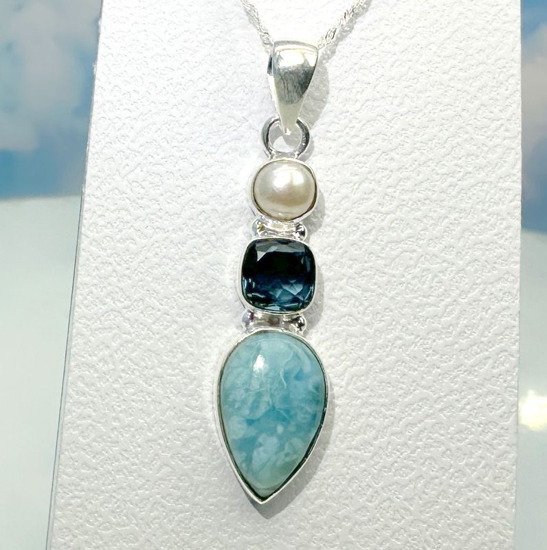 pendant genuine larimar pearl topaz 925 silver