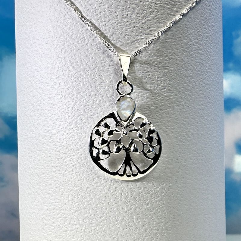 Twisted, delicate necklace with &quot;Tree of Life&quot; pendant with genuine faceted moonstone, set in 925 Sterling silver