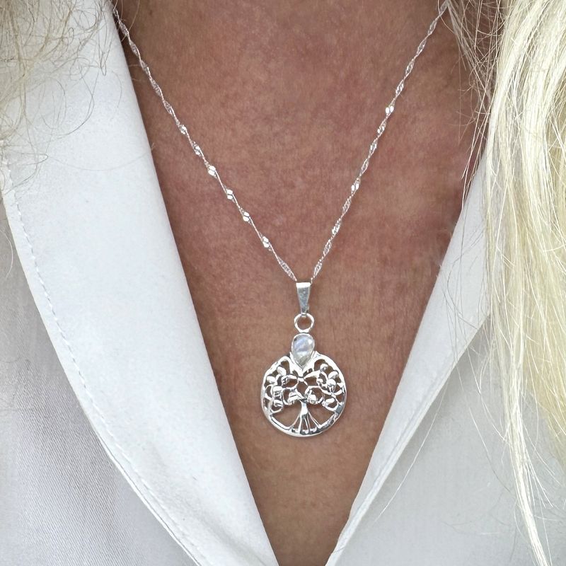 Twisted, delicate necklace with "Tree of Life" pendant with genuine faceted moonstone, set in 925 Sterling silver