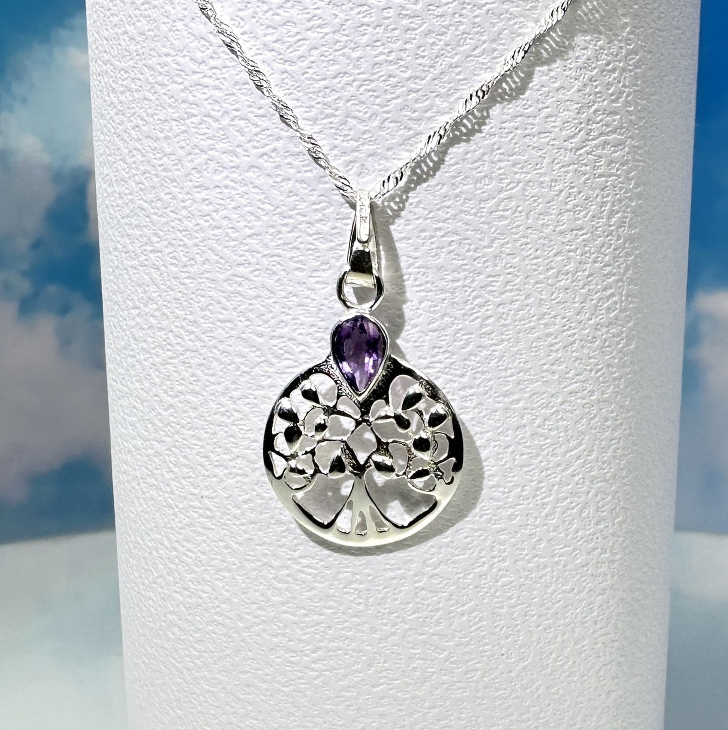 Twisted, delicate necklace with &quot;Tree of Life&quot; pendant with genuine faceted moonstone, set in 925 Sterling silver.