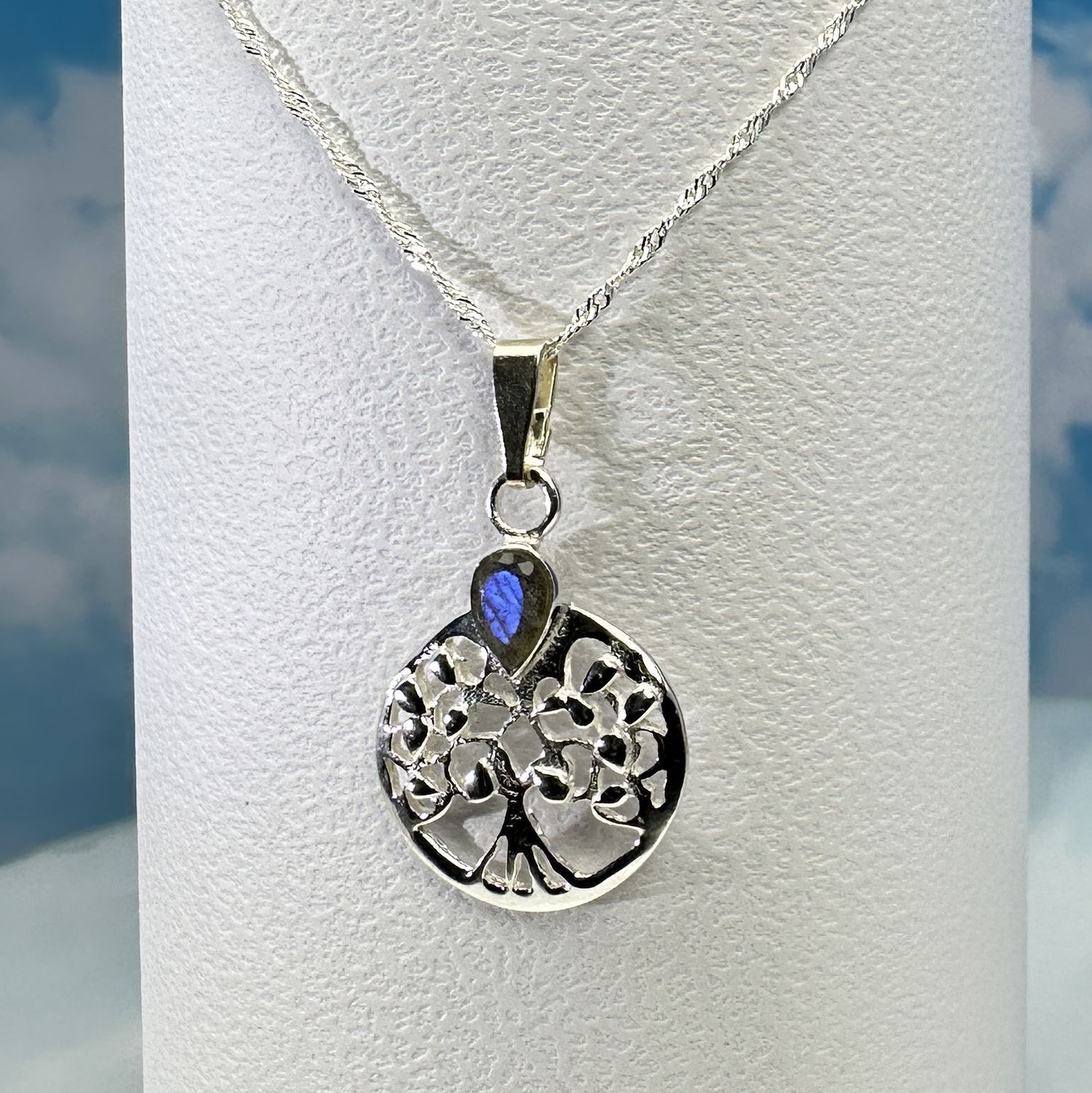 Twisted, delicate necklace with &quot;Tree of Life&quot; pendant with genuine faceted labradorite, set in 925 sterling silver.