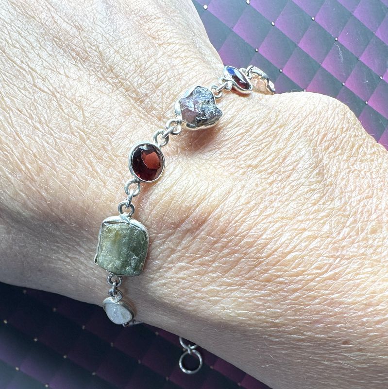 bracelet with genuine faceted garnet and genuine raw tourmaline in 925 sterling silver