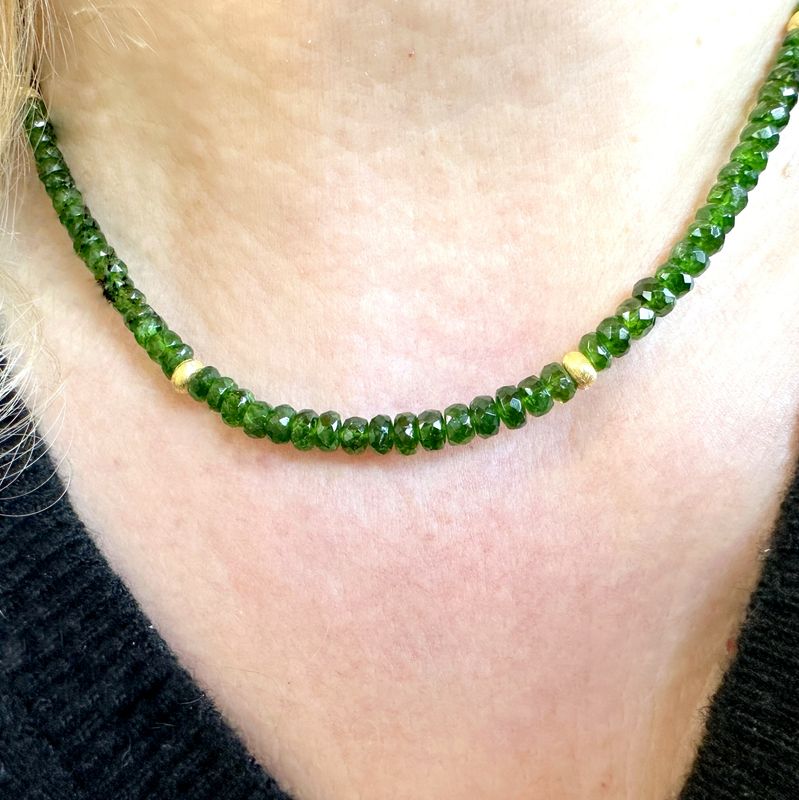 Necklace made from genuine, faceted, natural chrome diopside