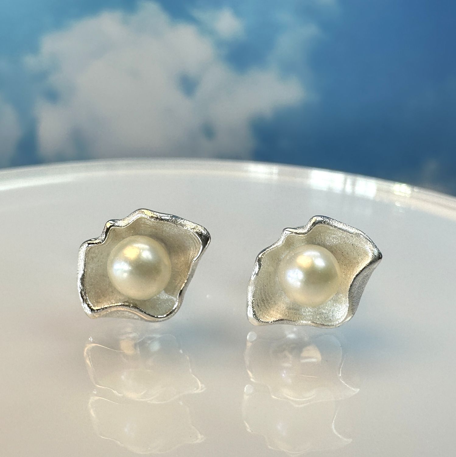 Earrings with real pearls, oyster shape, 925 silver