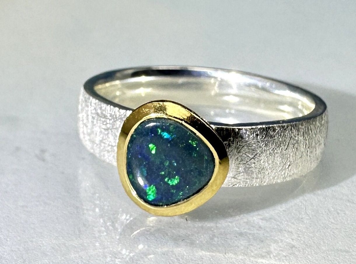 Ring Boulder opal sterling silver bicolour size 57