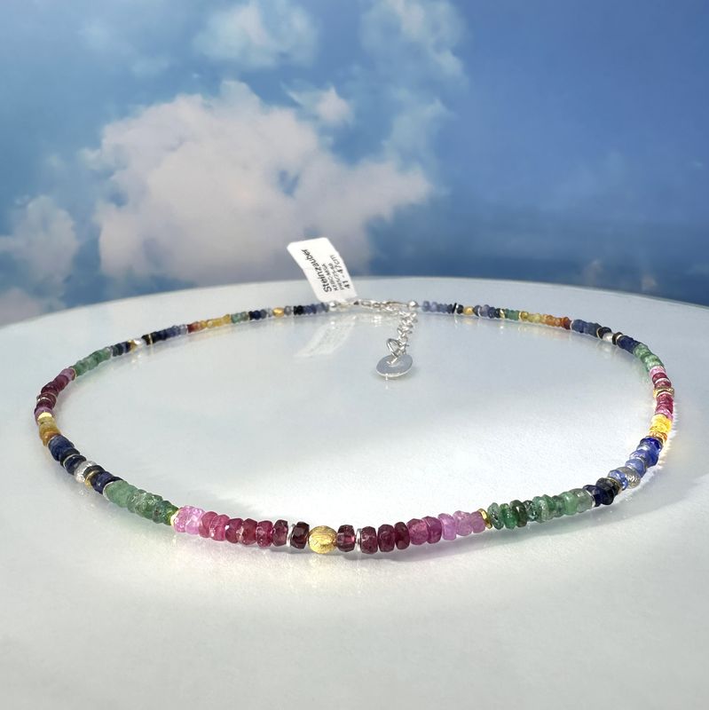 
Beautiful, elegant necklace made of natural, genuine, faceted, colorful sapphires, 925 silver, hard gold-plated.