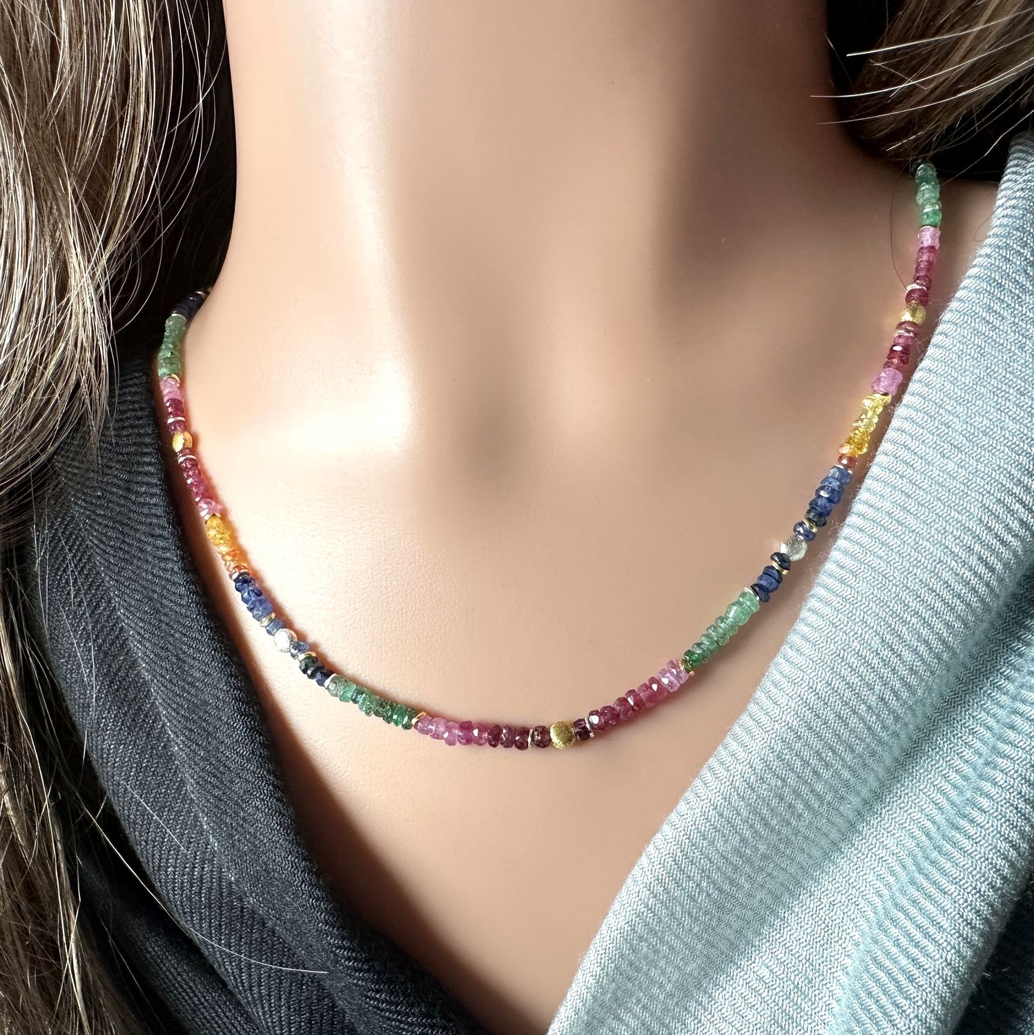 Beautiful, elegant necklace made of natural, genuine, faceted, colorful sapphires, 925 silver, hard gold-plated.