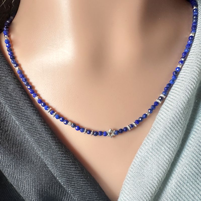 Necklace made of faceted genuine Lapis Lazuli AAA quality with 925 sterling silver