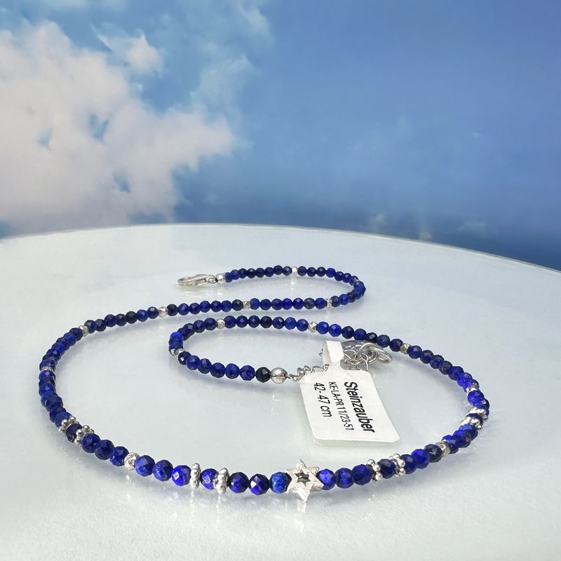 Necklace made of faceted genuine Lapis Lazuli AAA quality with 925 sterling silver