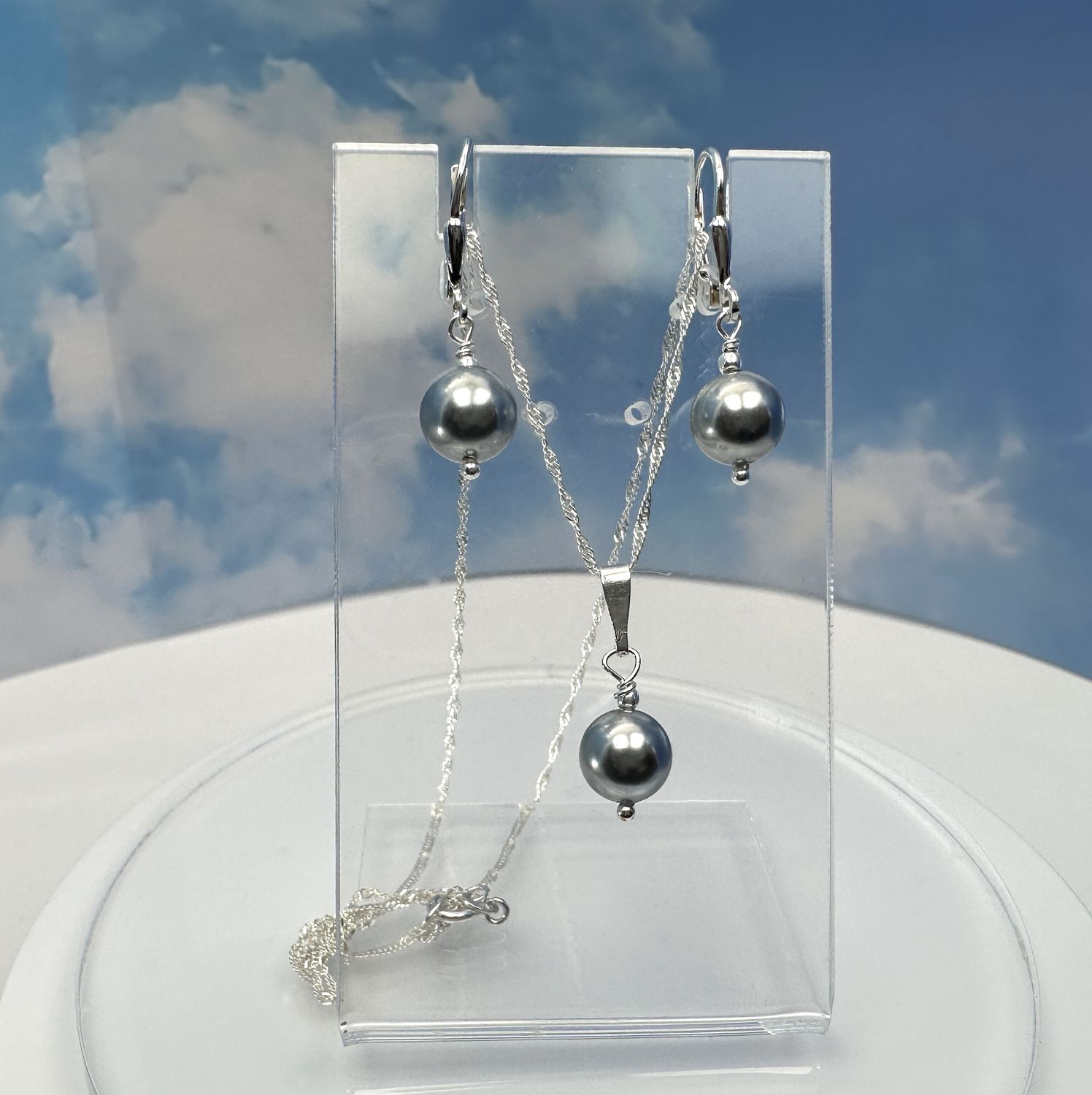 Necklace with pearl pendant, grey, example with matching earrings 925 Silber