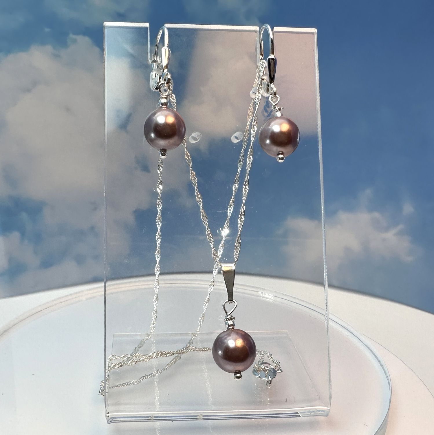 Necklace with rose-colored pearl pendant, example with matching earrings 925 silver