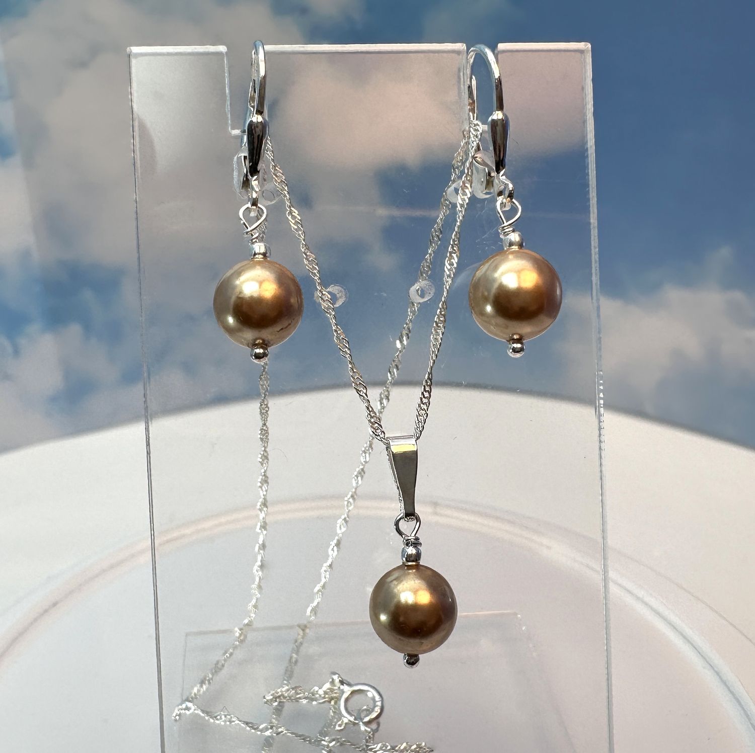 Necklace with copper-colored pearl pendant, example with matching earrings, 925 silver