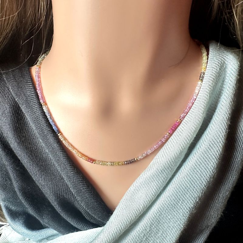 
Beautiful, elegant necklace made of faceted, colorful spinels with elements made of 925 sterling silver.