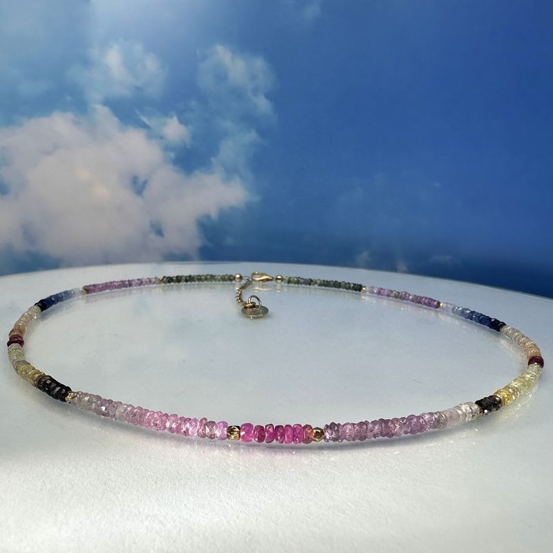 
Beautiful, elegant necklace made of faceted, colorful spinels with elements made of 925 sterling silver.