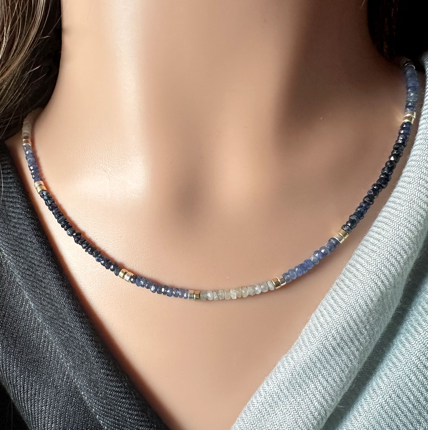 
Beautiful, elegant necklace made of faceted real blue sapphire in a gradient color with elements made of 925 sterling silver