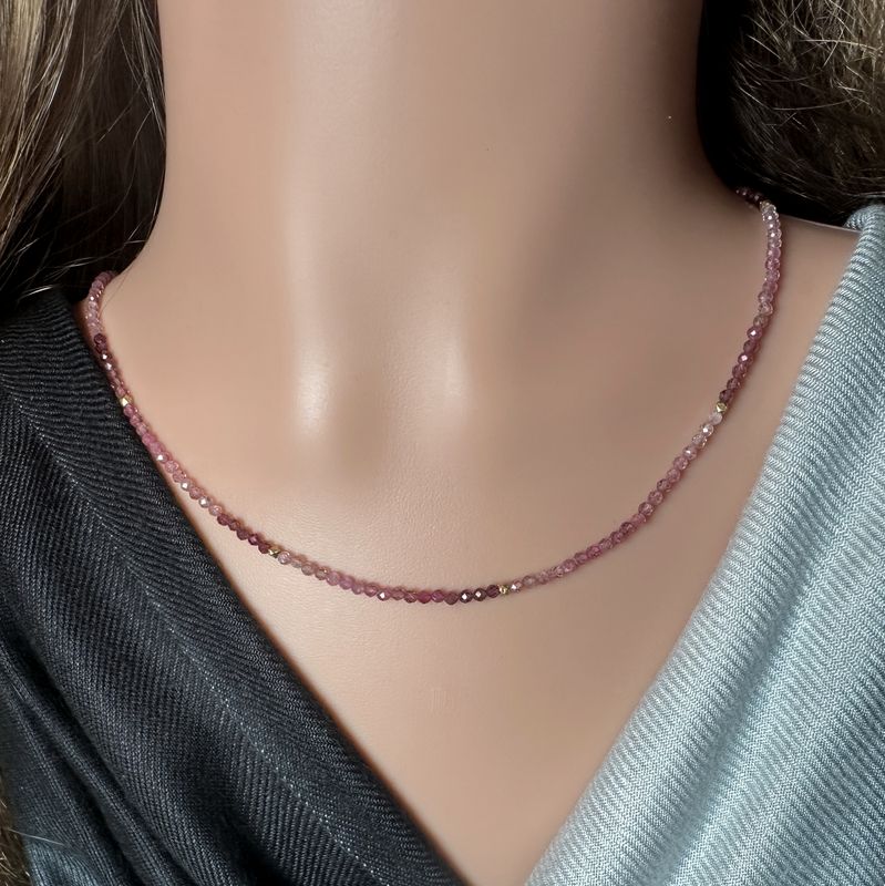 Elegant necklace made of genuine, faceted pink tourmaline with color gradient combined with gold-plated 925 silver.