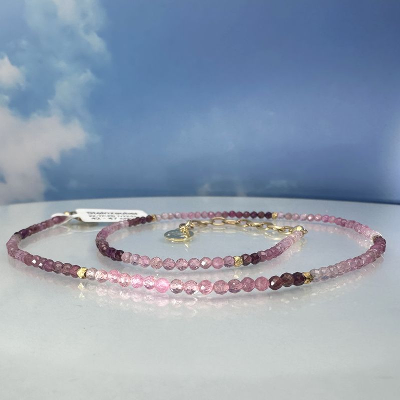 Elegant necklace made of genuine, faceted pink tourmaline with color gradient combined with gold-plated 925 silver.