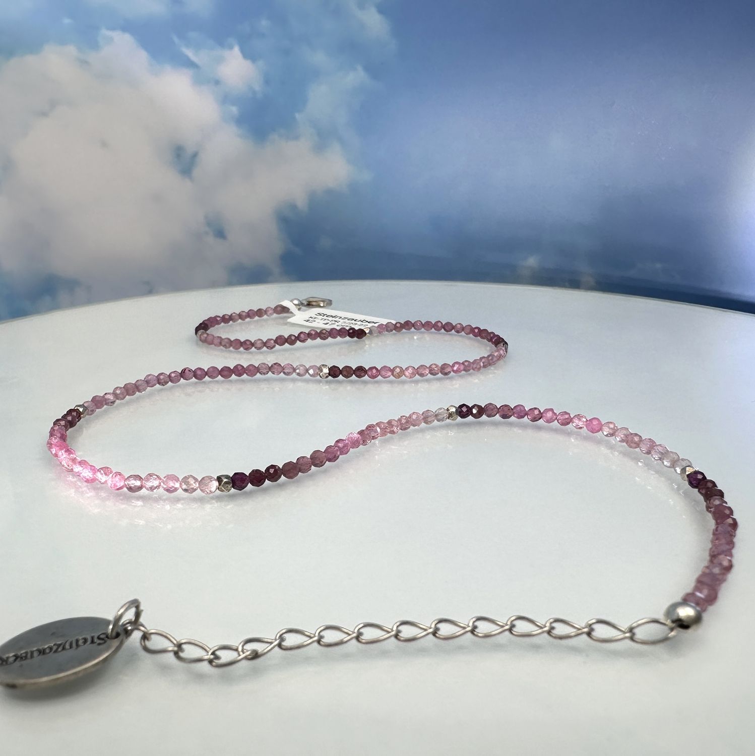 Elegant necklace made of genuine, faceted pink tourmaline with color gradient combined with 925 silver.