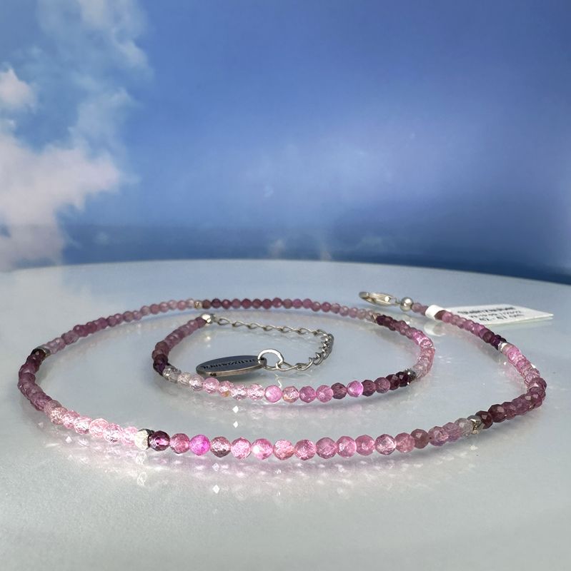 Elegant necklace made of genuine, faceted pink tourmaline with color gradient combined with 925 silver.