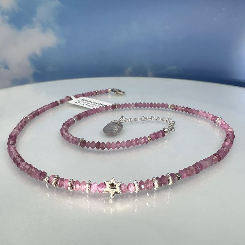 Elegant necklace made of genuine, faceted pink tourmaline with color gradient combined with 925 sterling silver.