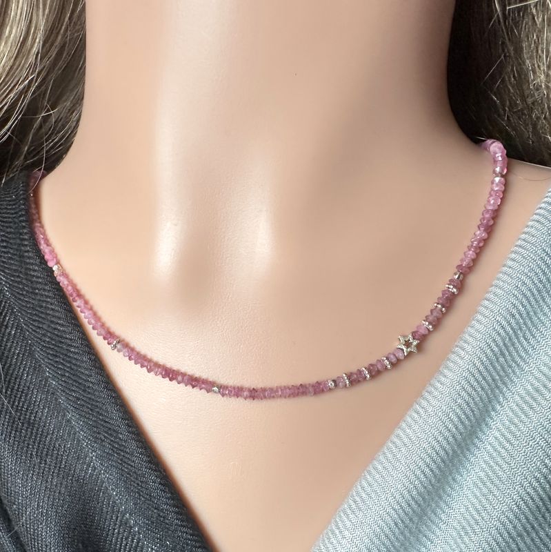 Elegant necklace made of genuine, faceted pink tourmaline with color gradient combined with 925 sterling silver.