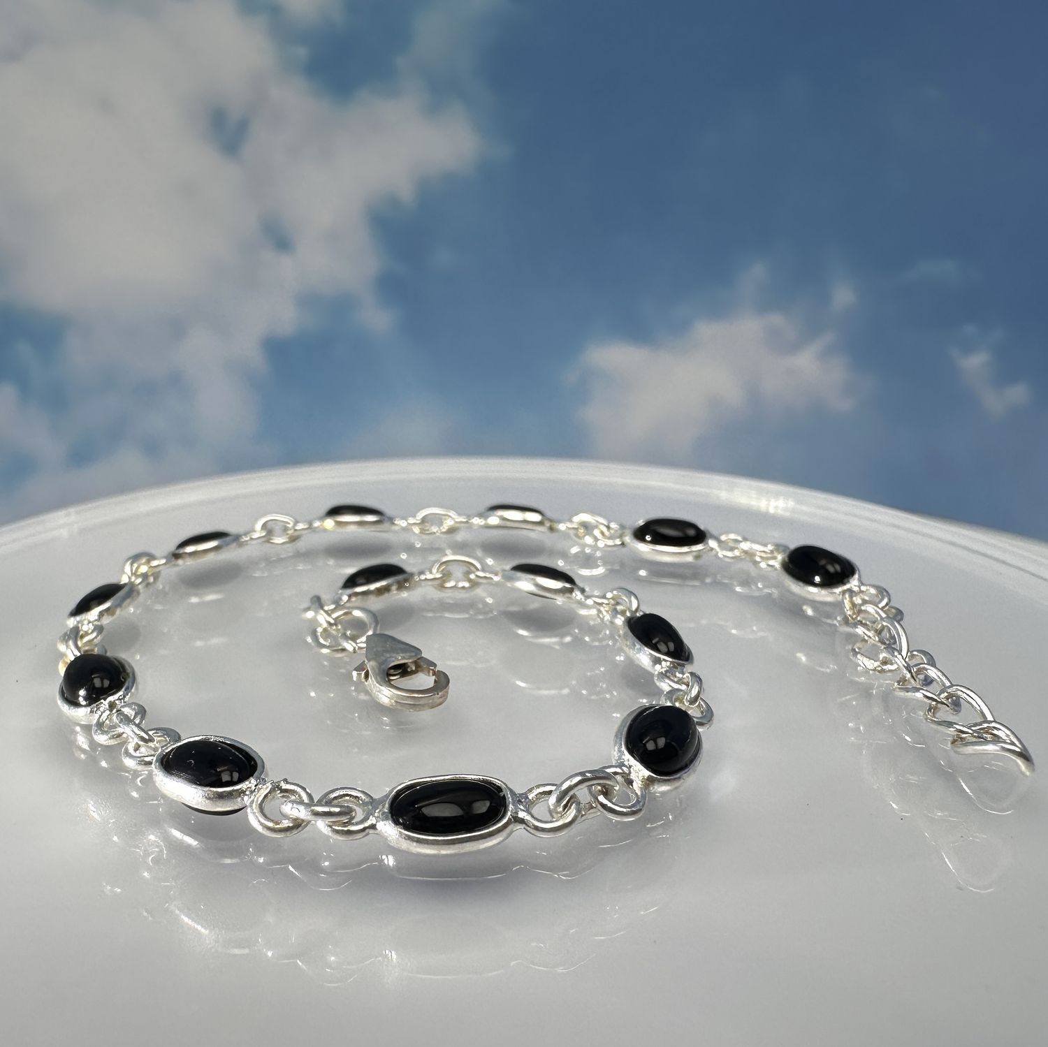 Elegant, delicate bracelet made of 925 sterling silver with real black onyx. 