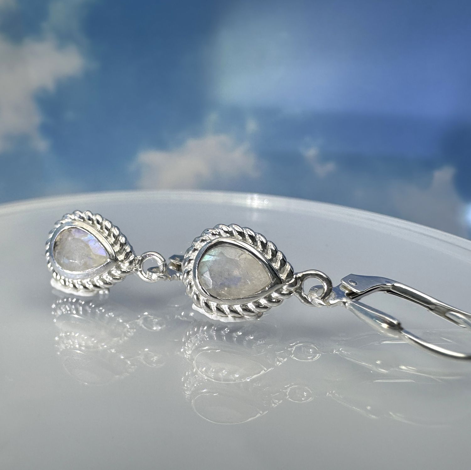 Earrings real, natural moonstone / rainbowmoonstone in 925 sterling silver