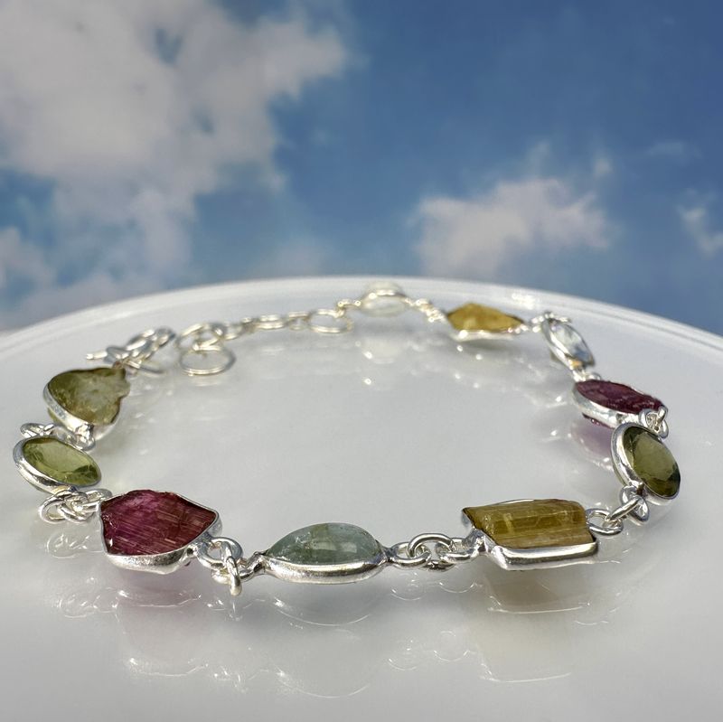 Bracelet with genuine raw tourmaline and cut peridot and topaz with 925 sterling silver