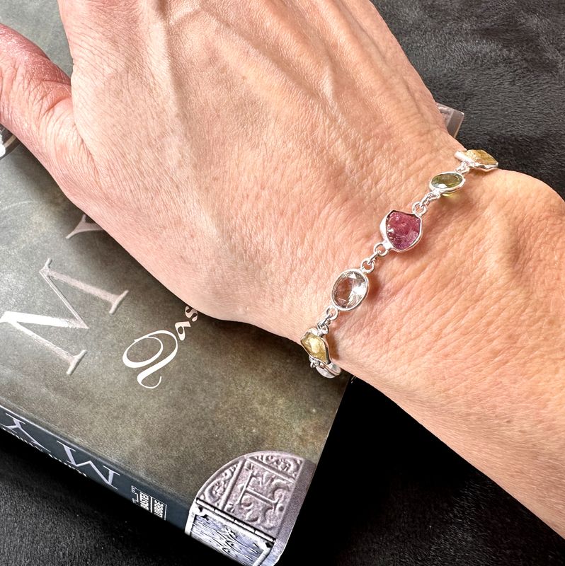 Bracelet with genuine raw tourmaline and cut peridot and topaz with 925 sterling silver