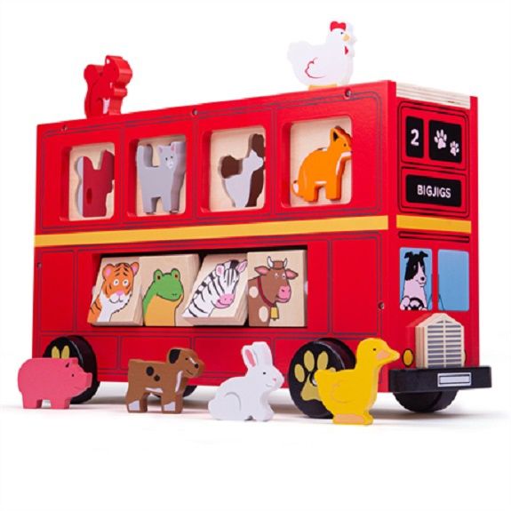 Bigjigs rode sorteerbus van hout met dieren