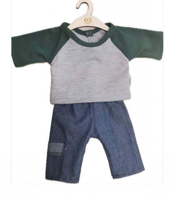 Hollie poppenkleding set jeans met shirt groen/grijs