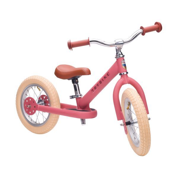 Trybike steel 2-in-1 loopfiets 2 wieler, Kleur: mat pink vintage