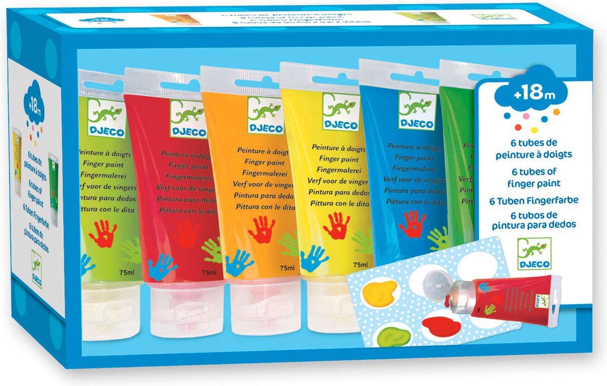 Djeco vingerverf 6 tubes 18+ maanden, Kleur: primaire kleuren