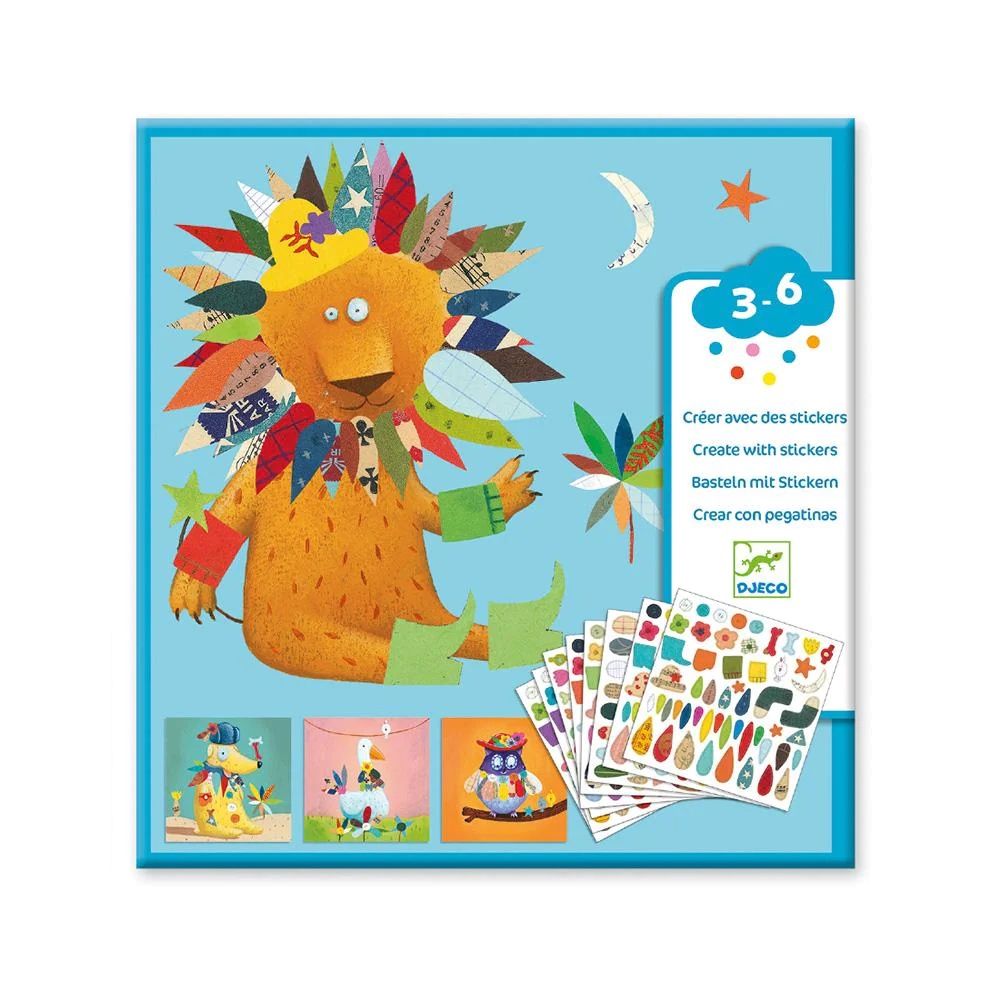 Djeco knutselpakket collage plakken met stickers 3-6 jaar, Kleur: dieren