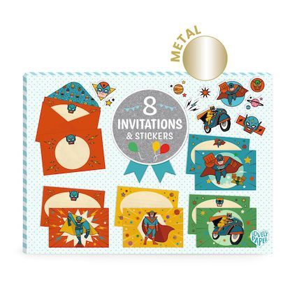Djeco set van 8 uitnodigingskaarten en stickers, Kleur: superhelden