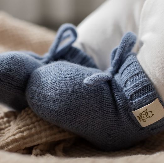 Moalie babyslofjes gebreid merinowol 3-6 maanden, Kleur: denim